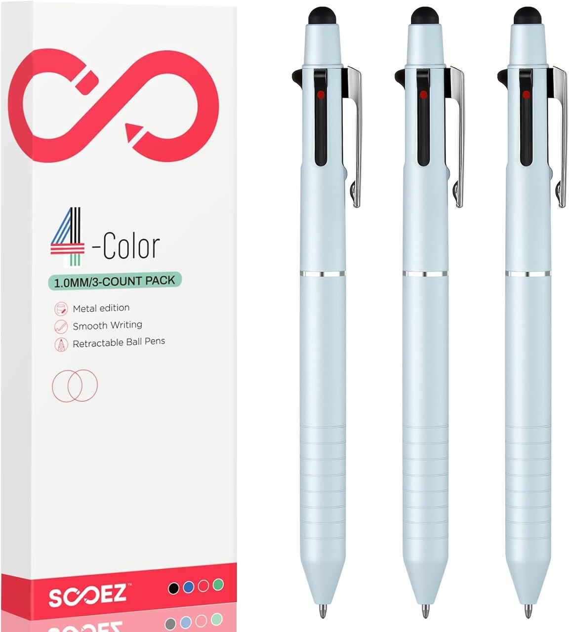 Multicolor Pen in One, Sleek Metallic 4 Color Ballpoint Pens, Medium Point (1.0mm), Retractable Ball Pen with Stylus Tip, Journaling Planner Pens for Nursing School Office Supplies, 3 Pack, Blue